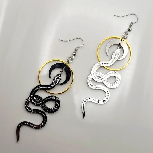 Celestial Serpent Moon Phase Snake Earrings - Picture 1 of 6